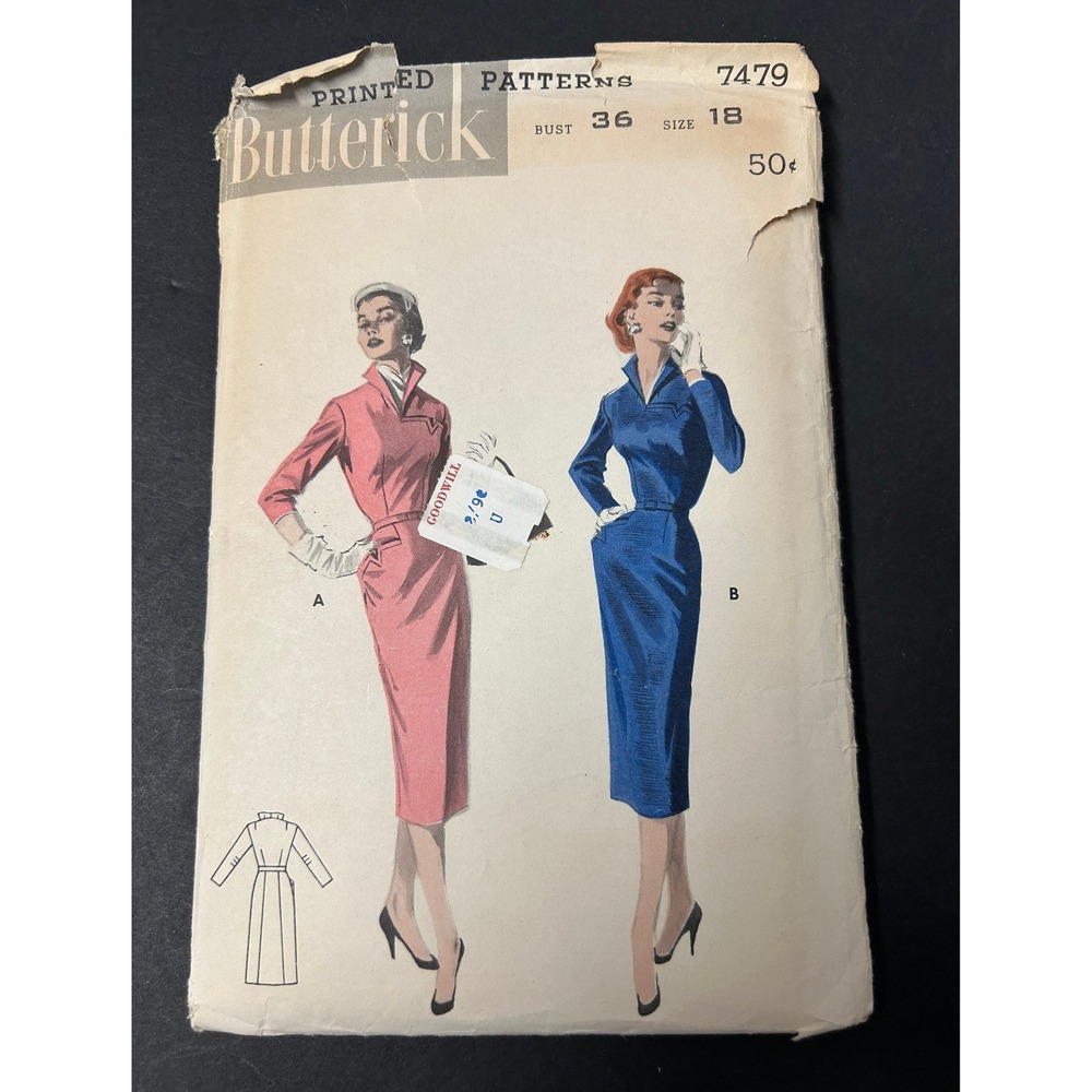 Vintage 50s Butterick 7479 Sewing Pattern Women's Size 18 36 Bust Sheath Dress